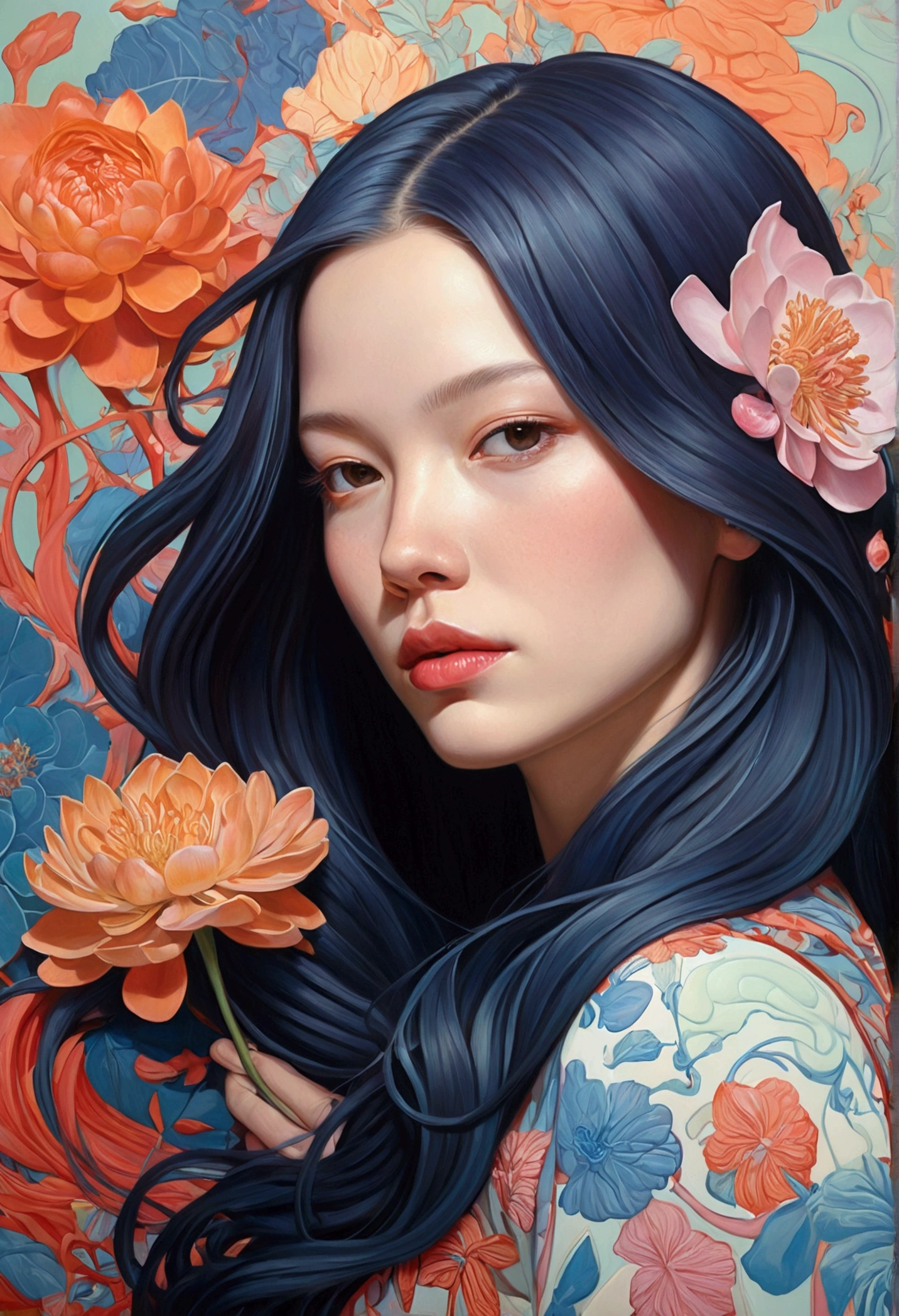 Painting of a woman with long hair and flowers, Ultra-fine detailed paintings inspired by James Jean, Reddit, neo-fauvism, James Jean and Petra Cortright, James Jean Mark, JamesJean」, James Jean Andrey Ryabovitchev, Kilian Eng: Vivid Colors, James Jean Soft Light 4K, Kilian Eng: Vivid Colors