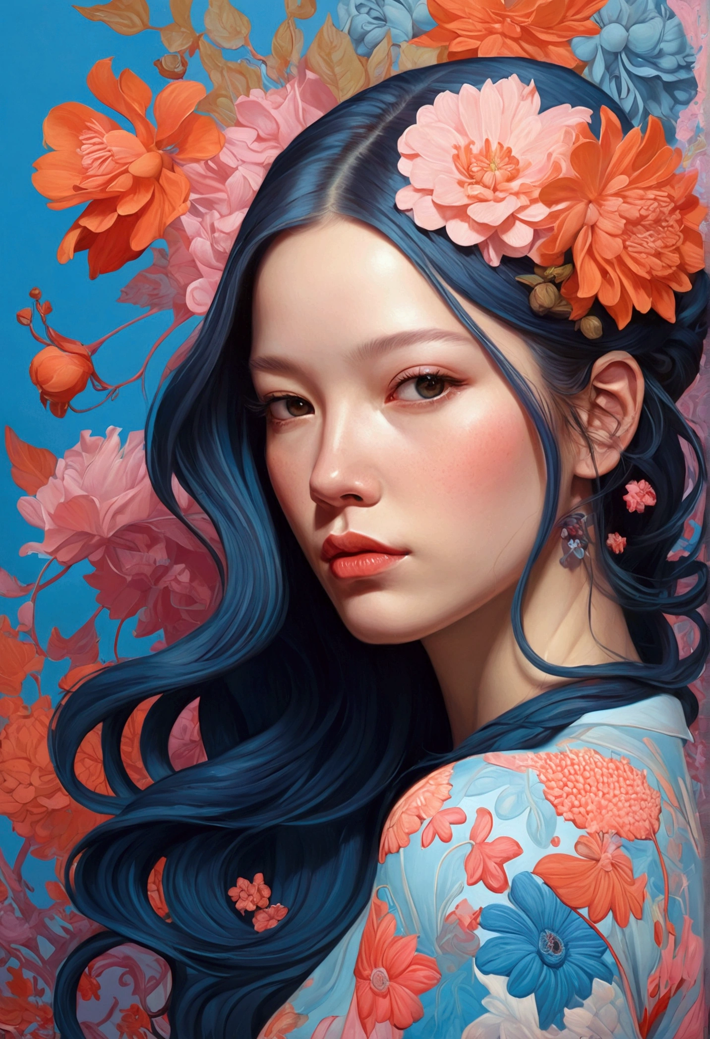Painting of a woman with long hair and flowers, Ultra-fine detailed paintings inspired by James Jean, Reddit, neo-fauvism, James Jean and Petra Cortright, James Jean Mark, JamesJean」, James Jean Andrey Ryabovitchev, Kilian Eng: Vivid Colors, James Jean Soft Light 4K, Kilian Eng: Vivid Colors