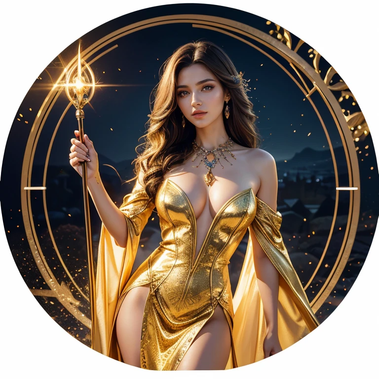 (masterpiece, best quality:1.5), highest quality, High resolution, super detailed, Realists, Upper body photo of a brunette sorceress, detailed and beautiful eyes, beautiful detailed lips, very detailed eyes and face, longeyelashes, shiny satin dress, Holding a long golden wand in your hand, Cast a transformation spell, Glowing wands available, Beautiful and colorful makeup, elegant and noble々The jewelry bag, Gardens as background, soft daylight, bright colors, fine brushstrokes, Portrait style, Silk dress fabric, beautiful color palette, glowing skin, First-class rendering, that captures every detail, enchanting atmosphere, subtle shadows and lights, (perfect anatomy:1.2), (The stunning sorceress performs a transformation spell. Waves her long golden wand (a transformation with the magic wand:1.4), (magnificent panorama view:1.2)