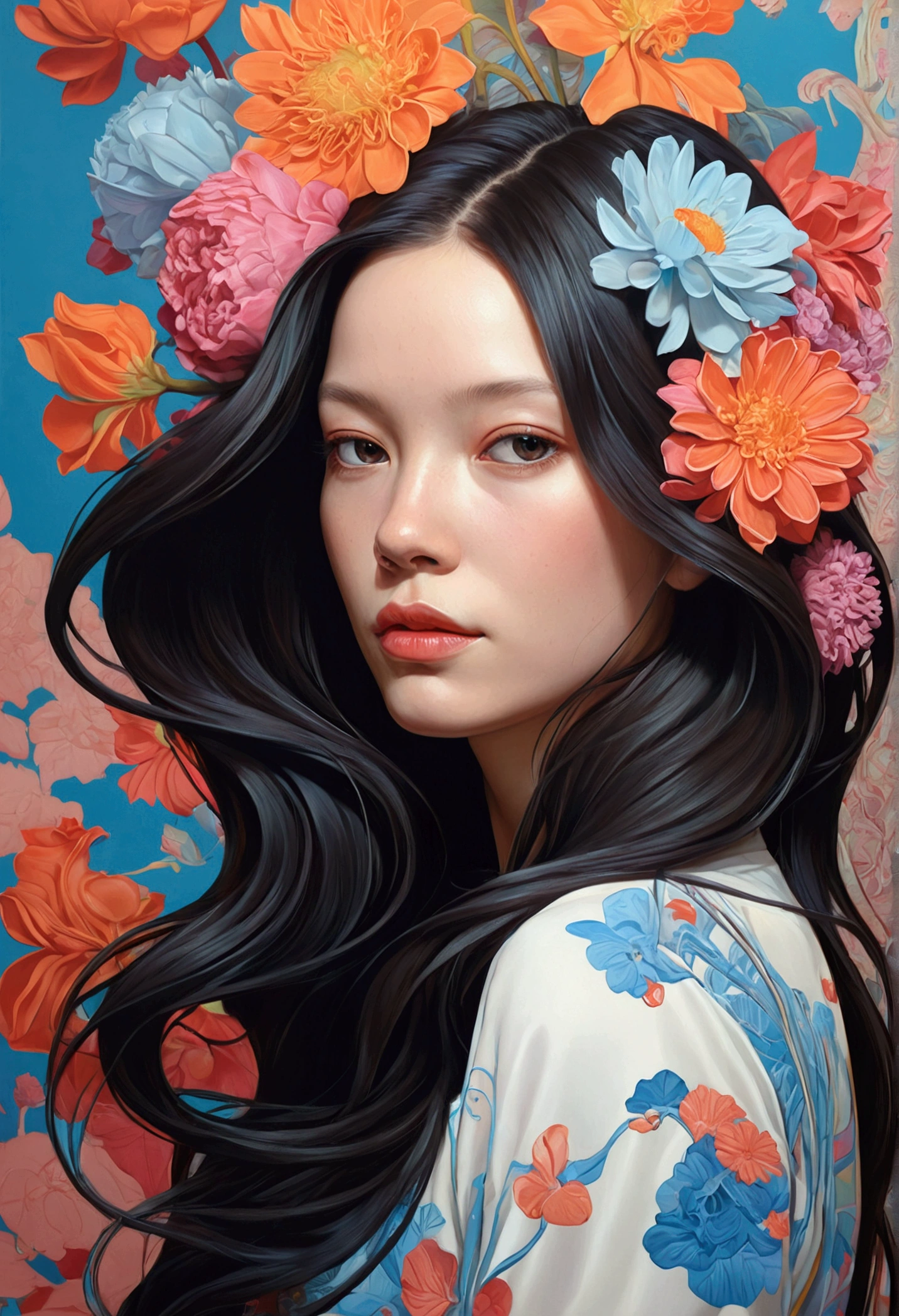 Painting of a woman with long hair and flowers, Ultra-fine detailed paintings inspired by James Jean, Reddit, neo-fauvism, James Jean and Petra Cortright, James Jean Mark, JamesJean」, James Jean Andrey Ryabovitchev, Kilian Eng: Vivid Colors, James Jean Soft Light 4K, Kilian Eng: Vivid Colors