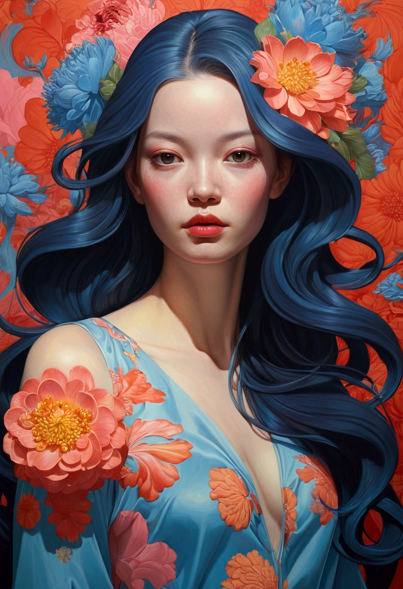 Painting of a woman with long hair and flowers, Ultra-fine detailed paintings inspired by James Jean, Reddit, neo-fauvism, James Jean and Petra Cortright, James Jean Mark, JamesJean」, James Jean Andrey Ryabovitchev, Kilian Eng: Vivid Colors, James Jean Soft Light 4K, Kilian Eng: Vivid Colors