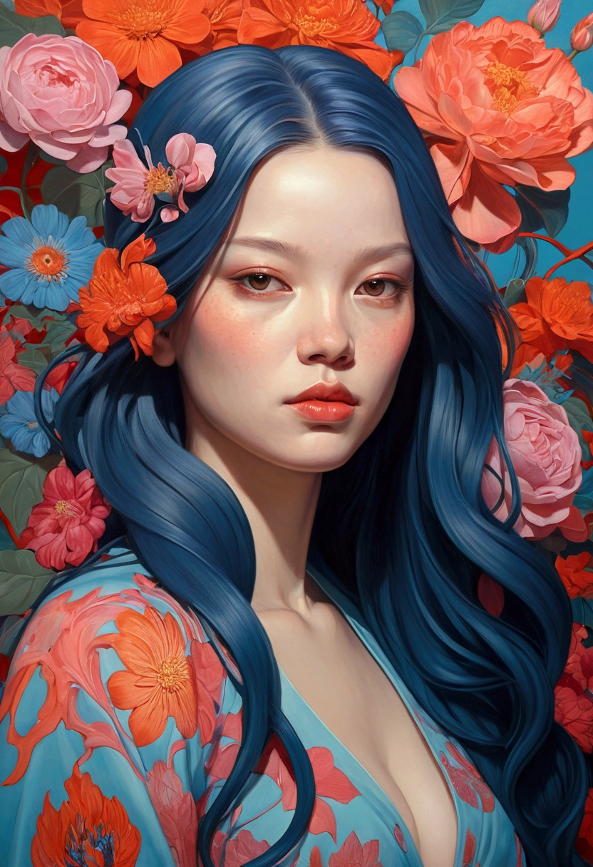 Painting of a woman with long hair and flowers, Ultra-fine detailed paintings inspired by James Jean, Reddit, neo-fauvism, James Jean and Petra Cortright, James Jean Mark, JamesJean」, James Jean Andrey Ryabovitchev, Kilian Eng: Vivid Colors, James Jean Soft Light 4K, Kilian Eng: Vivid Colors
