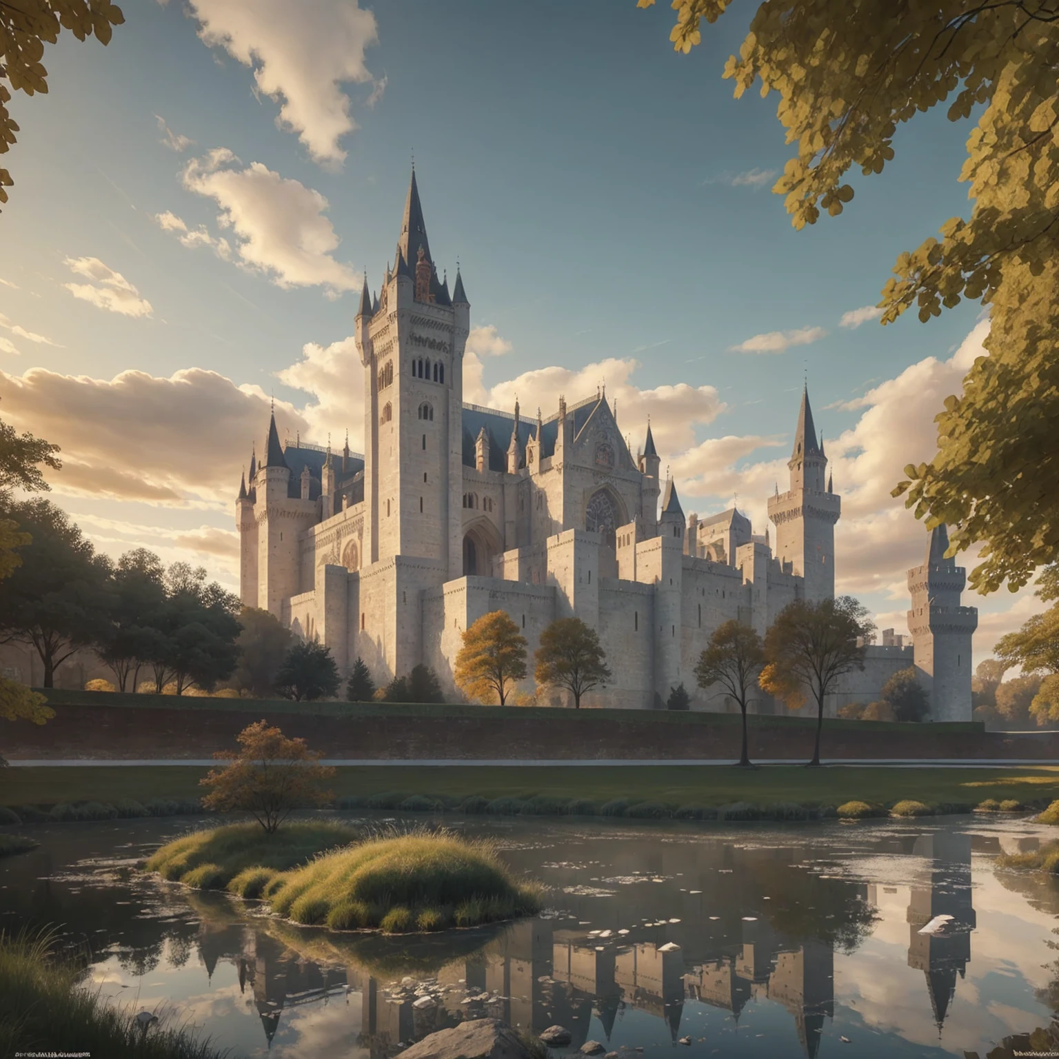 colossal and ornate concentric gothic castle, high medieval architecture,stained glass windows,towering stone walls,pristine moat,white marble bridge,flying buttresses,intricate architectural details,dramatic lighting,warm color palette,photorealistic,8k,ultra-detailed,masterpiece,award winning art