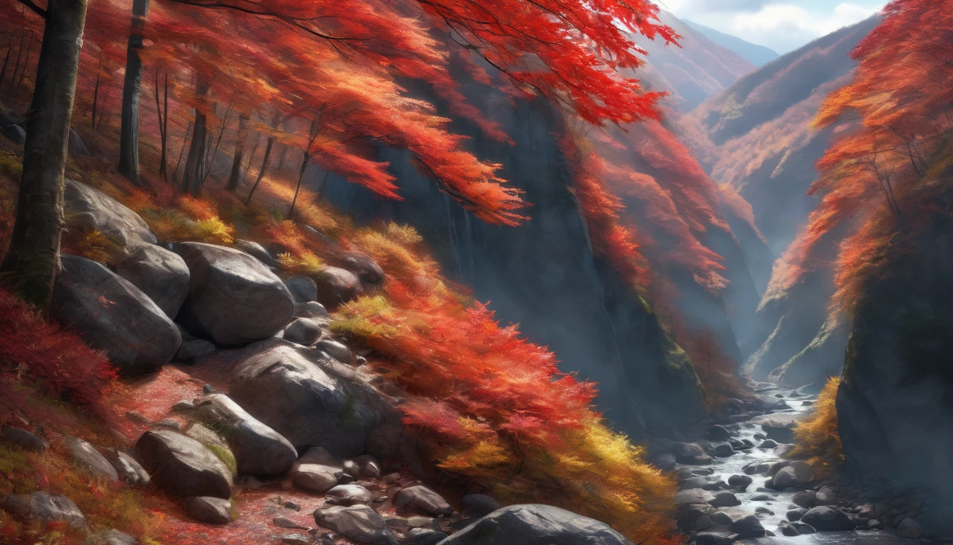 A detailed autumn landscape in a Japanese mountain gorge, with vibrant red foliage, serene nature, bright daylight, (best quality,4k,8k,highres,masterpiece:1.2),ultra-detailed,(realistic,photorealistic,photo-realistic:1.37),HDR,UHD,studio lighting,ultra-fine painting,sharp focus,physically-based rendering,extreme detail description,professional,vivid colors,bokeh