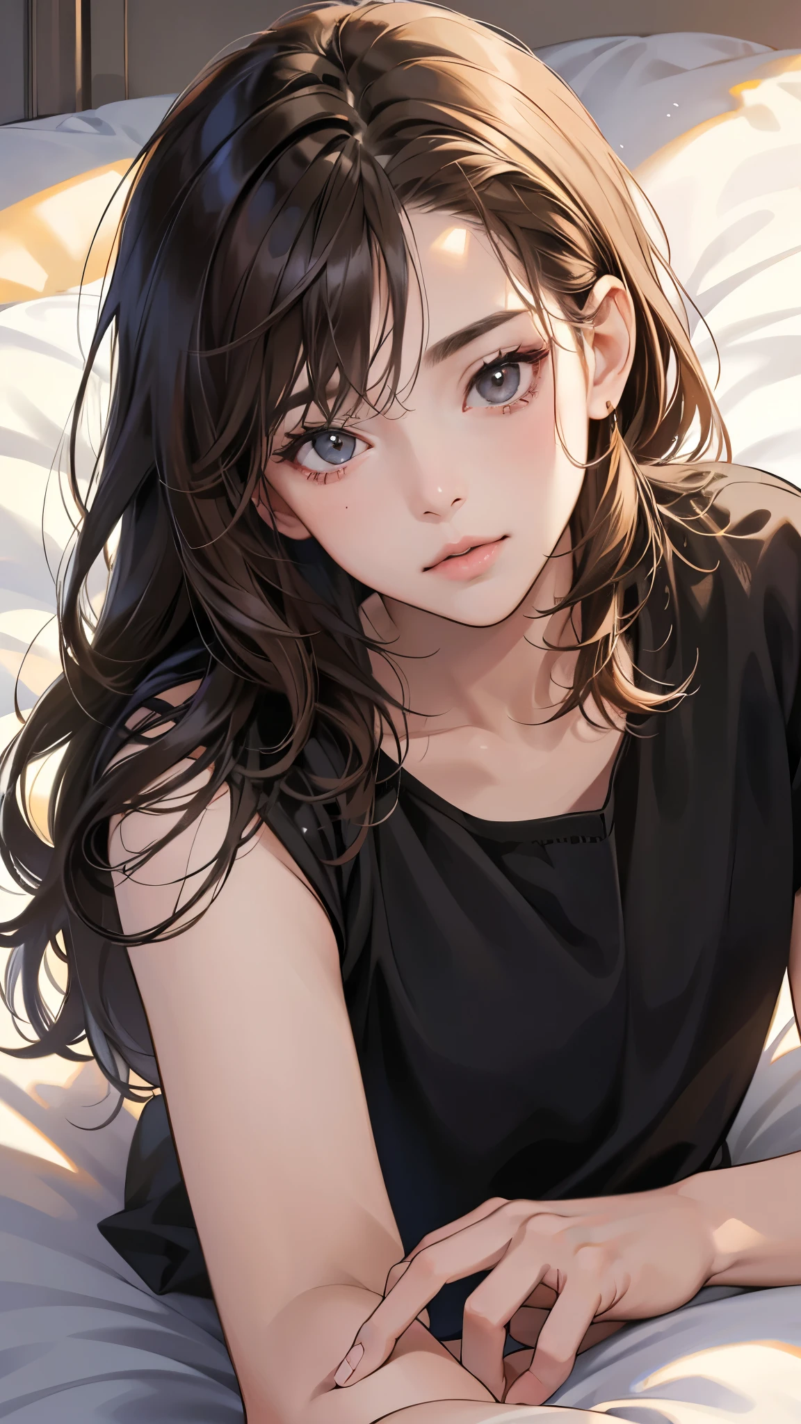 (masutepiece, Digital Art, Digital Illustration, 4K, 8K, Ultra-detailed, beautiful image, Sharp Image, Photorealistic, Raw photo, Perfect face, Perfect lines, Perfect eyes, Soft lighting) , a couple, 1 girl 1 boy, Hair color is different, Medium brown hair and brown eyes, Short black hair and gray eyes, Romance, Lie on the ground, Lip touch