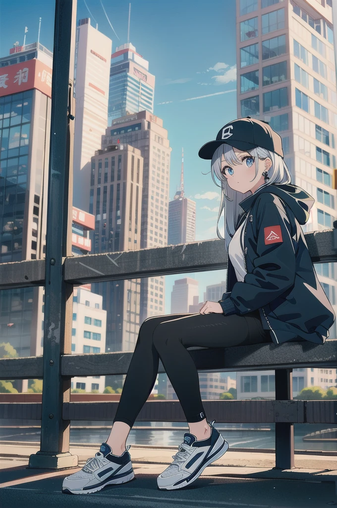 skyscraper, building, city, cityscape, hat, earrings, baseball_cap, 1girl, long_hair, jacket, chain-link_fence, hood, bridge, solo, architecture, shoes, sitting, city_lights, east_asian_architecture, looking_at_viewer, , neonpunkai