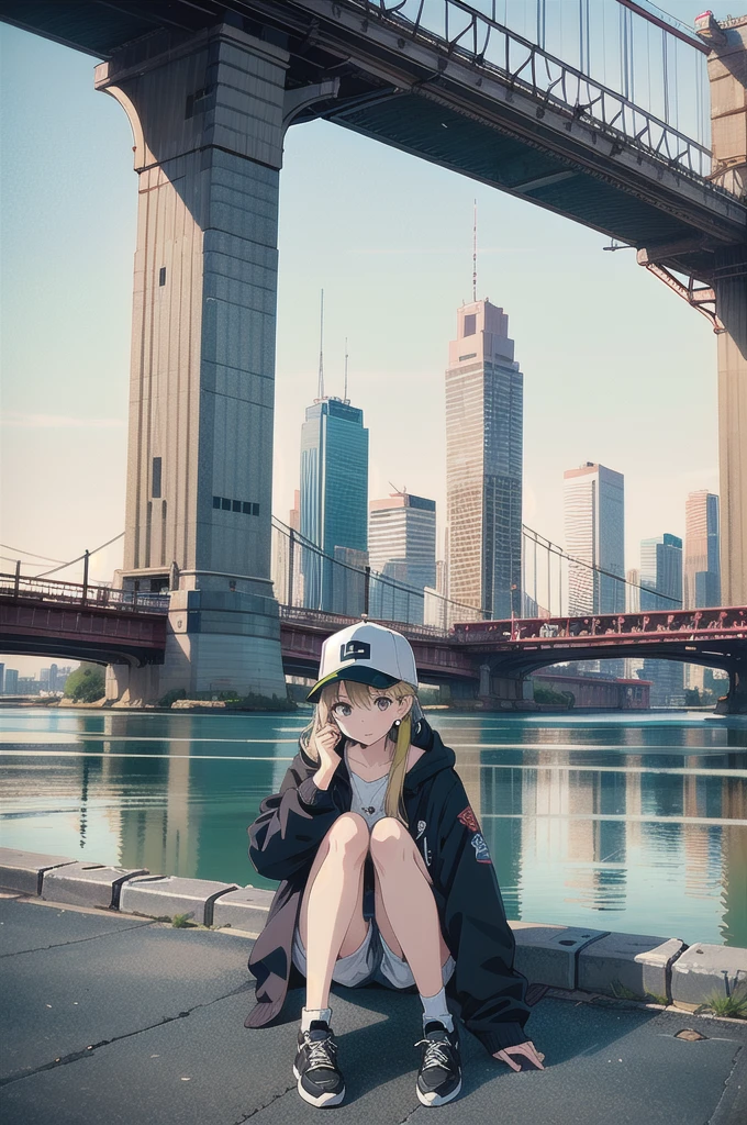 skyscraper, building, city, cityscape, hat, earrings, baseball_cap, 1girl, long_hair, jacket, chain-link_fence, hood, bridge, solo, architecture, shoes, sitting, city_lights, east_asian_architecture, looking_at_viewer, , neonpunkai