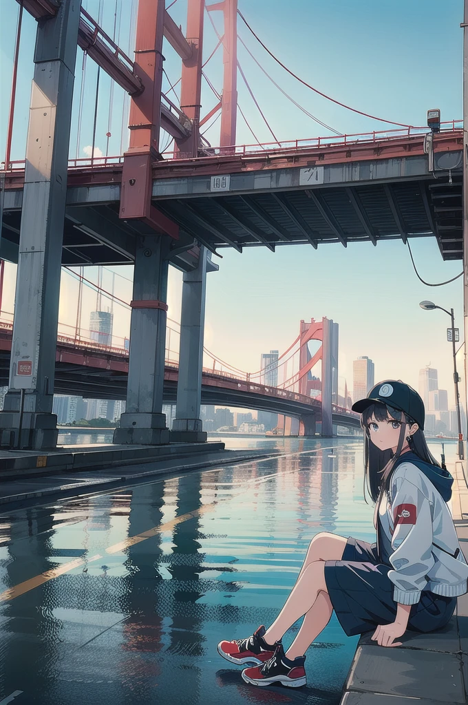 skyscraper, building, city, cityscape, hat, earrings, baseball_cap, 1girl, long_hair, jacket, chain-link_fence, hood, bridge, solo, architecture, shoes, sitting, city_lights, east_asian_architecture, looking_at_viewer, , neonpunkai