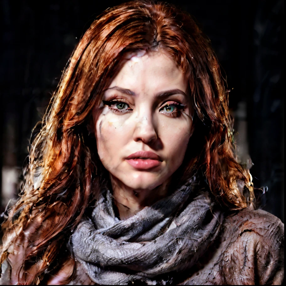 Frontview photo, full body, Beautiful redhead woman in a coat and scarf, in her late twenties, very beautiful, Angelina jolie lips, 90s make-up, winter clothes, high definition, HD, realistic