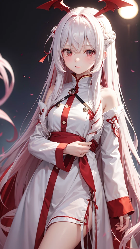 White and red gradient hair、long hair、Wavy Hair、One Girl、cute、darkness、goddess、