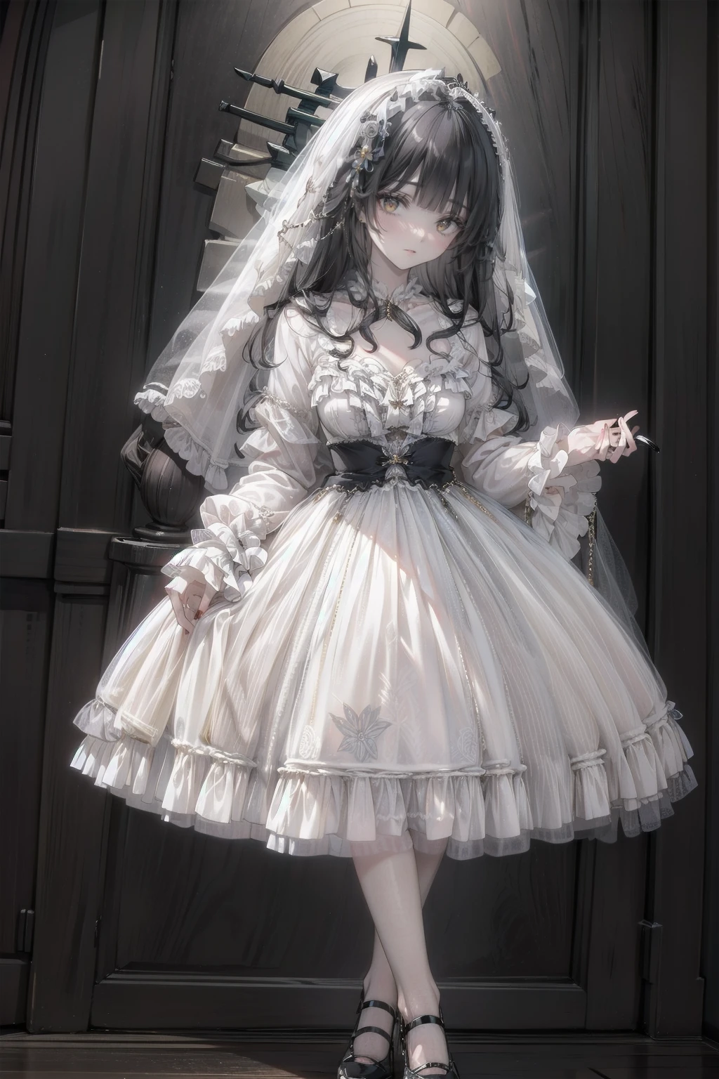 Create an image set with a photorealistic dark chapel, Illuminated only by moonlight, Featuring an anime-style girl character as the central character. She is portrayed as an evil guru., She is wearing a jet black dress with a striking black veil., 青White skin, And long black nails. 彼女のeyeは鮮やかな赤です, 彼女のspooky存在をさらに増大させる. Pagan God々Surround her with symbols of, 暗いチャペルの環境にthatらを統合する. リアルなチャペルと様式化されたアニメの女の子のコントラストが際Are standingはずです, Emphasizing the integration of various artistic mediums.masterpiece, Highest quality, High resolution,(Highest quality,4K,High resolution,masterpiece:1.2),Very detailed,Realistic:1.37,masterpiece, Highest quality, Exquisitely crafted, woman, beautiful, elegant, smile, Blood, iridescent Long Hair, bangs, skirt, shirt, Long sleeve, Frills, shoes, (Red and Black:1.4), flower, spooky, Horror, head蓋Bones, Long Hair, Black Hair, Candles, Blood, hair flower, Dead, hair ornaments, Bone, 人形Horror (theme),spooky altar background,Dark fantasy,Red color scheme,Ominous atmosphere,eyeを引く,Storytelling,Anime Style,Concept Art,beautiful細部までこだわった顔と (((赤いeye ))),A terrifying ritual ,Satanic Ritual,humanoid,クレイジーなsmile,Scythe Face,Girl Monster, beautiful, Delicate facial features, 鋭いeye, Sharp Fangs, 青White skin, blonde,robot,Cursed Painting, Dark Background, Cinema Lighting, Dramatic Shadows, Gothic style, Gloomy atmosphere, Dark fantasy, One Girl, , Please open your mouth wide, Open your mouth and baring your teeth,Sharp teeth like a beast, Wide lips, very wide mouth, Vermilion cheeks, ,(Bloodしぶき:1.4),Scary smile, smile,Fallen angel design, ねじれたsmile、Bloodまみれの、headからの出Blood,、Bloodしぶき、,(Bloodしぶき:1.4),Crossbones, head蓋Bone,Horror 一人の男の子, Cream colored hair, blonde, Pearly hair, nice boy, Pure white angel wings, Loose-fitting clothing, Larger clothes, dark red eye, eyeの下のたるみ, dark circles under eye, やみcute, Fluffy hair, Voluminous Hair, skinny, slim, very skinny, Androgynous, cute, spooky, short hair, Horror, Faded colors, White skin, spooky, Unnaturally thin, I&#39;I am hungry, eye, eye in background, sharp eye, Long eyelashes, Under the eyelashes, Loose shorts, レースshirt, Frillsshirt, Tie the ribbon&#39;head, Detailed clothing, A loose cardigan, Open cardigan, 滴るBlood, that&#39;terrible, nightmare, Haunted, stitch, patchwork, string, Injury, hell, Injury on arms, self-harm, cut, Blackfingers, factory, Abandoned, A dismembered ghost,Many heads,Many heads,Lots of faces,Multiple faces,Multiple Girls,Frolicking Girl,複数のwoman,tea ,クレイジーなsmile,look up,Face shot,Scythe Face,Girl Monster, slave,beautiful, Detailed portrait, Delicate facial features, 鋭いeye, Sharp Fangs, 青White skin, Thick chain, Dark Background, Cinema Lighting, Dramatic Shadows, Gothic style, Gloomy atmosphere, Dark fantasy, One Girl, , Please open your mouth wide, Open your mouth and baring your teeth,Sharp teeth like a beast, Wide lips, very wide mouth, Vermilion cheeks, ,(Bloodしぶき:1.6),Scary face, Laughter　Witch design, ねじれたsmile、Bloodまみれの、headからの出Blood,,、Bloodしぶき、,(Bloodしぶき:1.6),Crossbones, head蓋Bone,　, Horrorスタイル, ((Fantasy Witch Costume)), ((Flowing white hair)), ,(Bloodしぶき:1.6),womanの曲線, Large Breasts, Thick thighs, Sexy flat stomach, Perfect hands, Perfect anime face, ((dark lolita dress)), Are standing, ((邪悪なsmile)), ,(Bloodしぶき:1.6),Victorian cities, gaslight, Steam circulates, Moonlight Illumination, night lighting, A sky filled with stars and galaxies,disaster々new devil horns,,(Bloodしぶき:1.6),アニメゾンビWitch design, ねじれたsmile、Bloodまみれの、headからの出Blood,