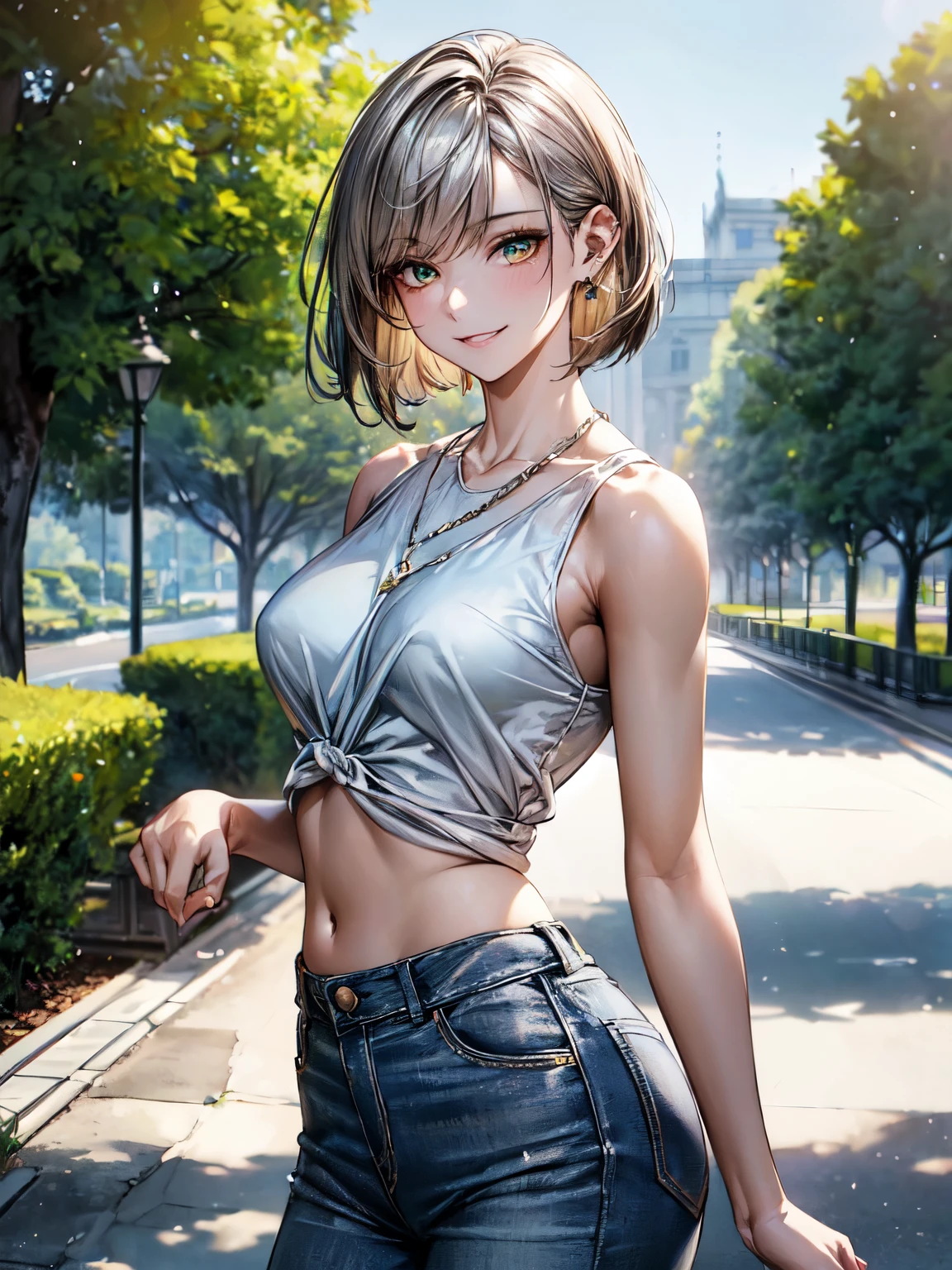 8K, (masterpiece, best quality:1.3), ((bokeh)), (short focus lens:1.4), anime style, Japanese, 1 lady, medium shot, (face light), cinematic lighting, sharp focus, (Left to Right Balance), beautiful eyes, (Perfect Hands,Perfect Fingers,Perfect Limbs,Perfect Body,Correct Human Body,Perfect Image Realism,Perfect Anatomy), (shiny skin, detailed skin),

 light brown hair, short hair, bob cut hairstyle: 1.3, light brown eyes, 

mesh drape sleeveless top, cropped length, wide fit denim pants, silver chain necklace, green piercings, silver bracelet, 

milf, big hips, attractive thighs, (smile), random porn pose, (standing), fitness trainer, focused and professional, 

face light, cinematic lighting, sharp focus,

(beautiful scenery), daytime, (a park with a running track, green trees, paved pathway, benches along the path, very wide), panorama view, sense of depth, long shot, magnificent view,  