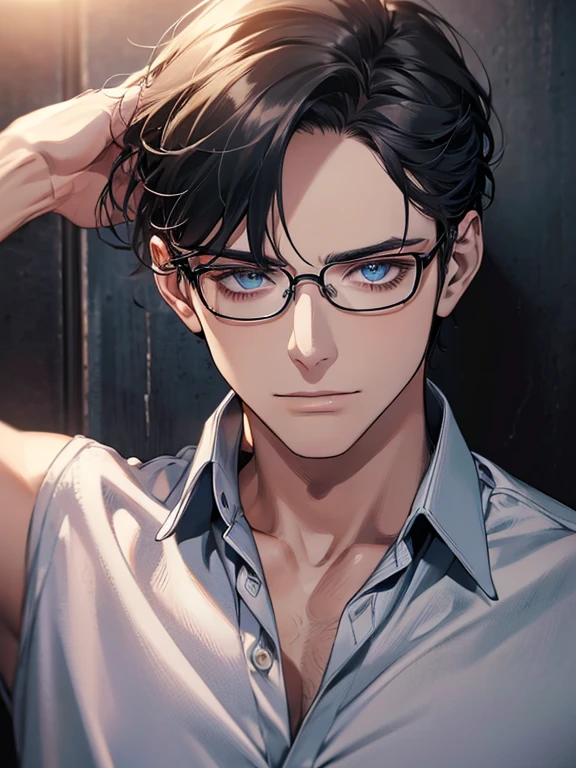 masterpiece, best quality, 1male mature,  32 years, gray black hair, blue eyes, glasses, CEO, white shirt, mugshot, wall background, detailed eyes, detailed facial features, realistic and high resolution (best quality, 4k, 8k, highres, masterpiece:1.2)