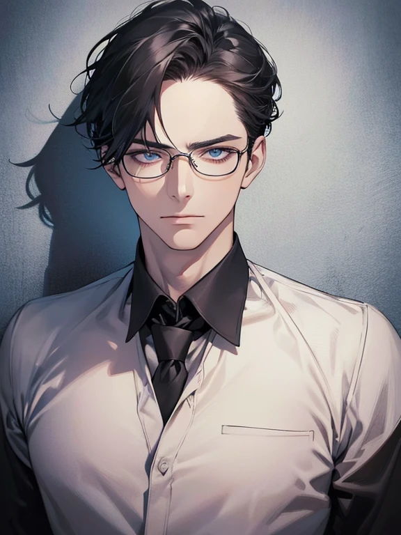 masterpiece, best quality, 1male mature,  32 years, gray black hair, blue eyes, glasses, CEO, white shirt, mugshot, wall background, detailed eyes, detailed facial features, realistic and high resolution (best quality, 4k, 8k, highres, masterpiece:1.2)