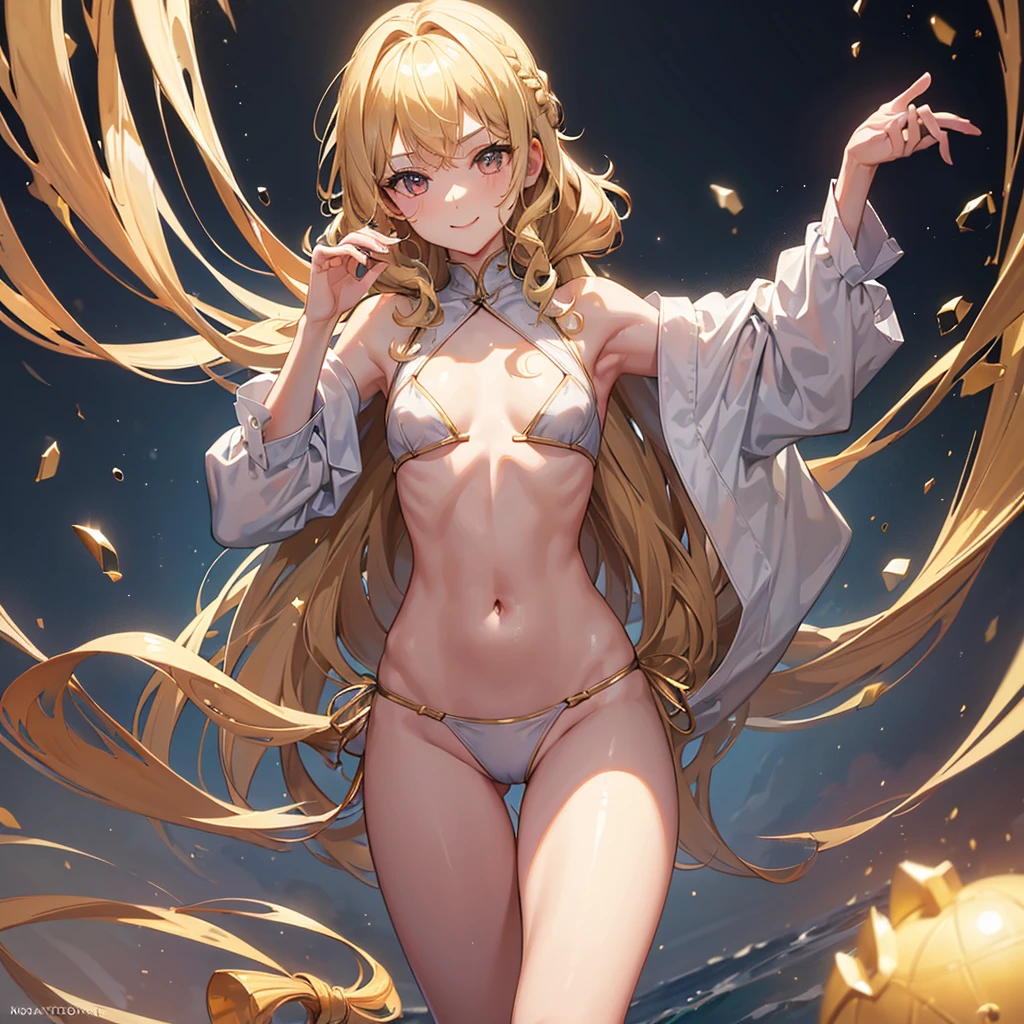 (8k, RAW photo, best quality,sophisticated detail, masterpiece:1.2), (extremely detailed 8k wallpaper),sharp focus, professional lighting, depth of field, cinematic lighting,blur background,BREAK (1girl:1.2),cute face,wet hair,blonde hair, curly hair,braid,slim and smooth lines,slim body,(seductive smile:1.2),Clothes worn by heroes in fantasy,golden ratio,leaning forward,(small breasts:1.4),