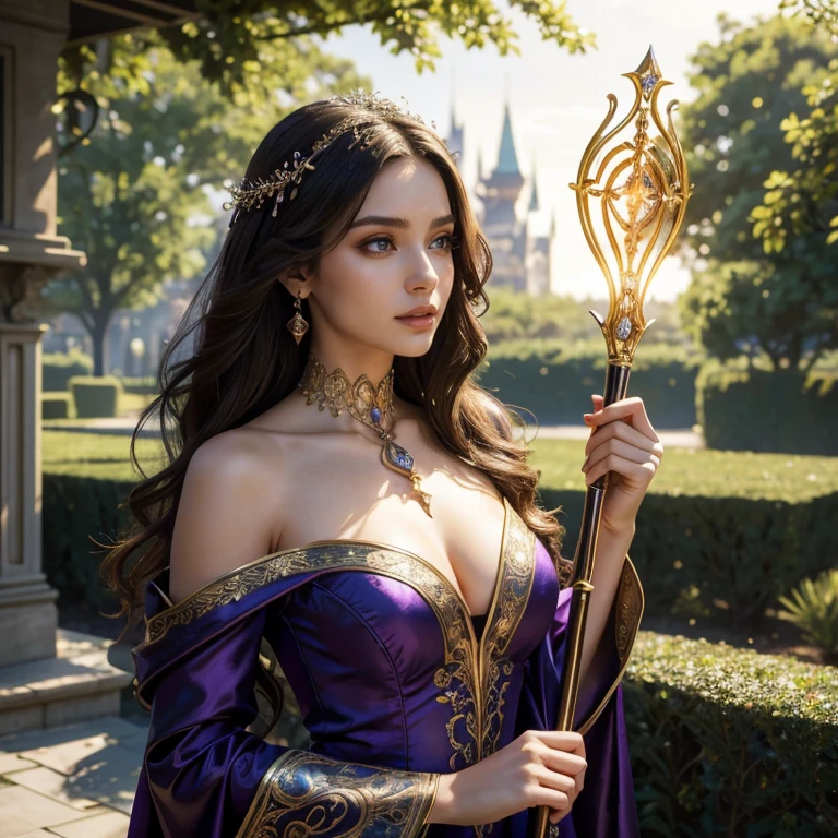 (masterpiece, best quality:1.5), highest quality, High resolution, super detailed, Realists, Upper body photo of a brunette sorceress, detailed and beautiful eyes, beautiful detailed lips, very detailed eyes and face, longeyelashes, shiny satin dress, Holding a long magic wand in your hand, Cast a transformation spell, Glowing wands available, Beautiful and colorful makeup, elegant and noble々The jewelry bag, Gardens as background, soft daylight, bright colors, fine brushstrokes, Portrait style, Silk dress fabric, beautiful color palette, glowing skin, First-class rendering, that captures every detail, enchanting atmosphere, subtle shadows and lights, (perfect anatomy:1.2), (The stunning sorceress performs a transformation spell. Waves her long magic wand (a transformation with the magic wand:1.4), (magnificent panorama view:1.2)