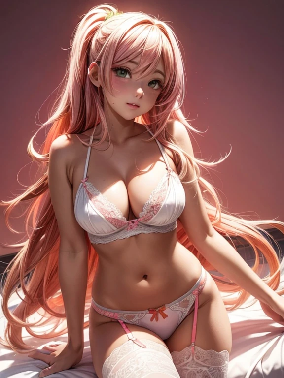 ultra realistic girl, only 1 girl, orange and pink ombre background with comic peach fruit theme, green flowing hair, white thongs and matching garter belt, cute white lace underwear, sweet and sexy, seductive look