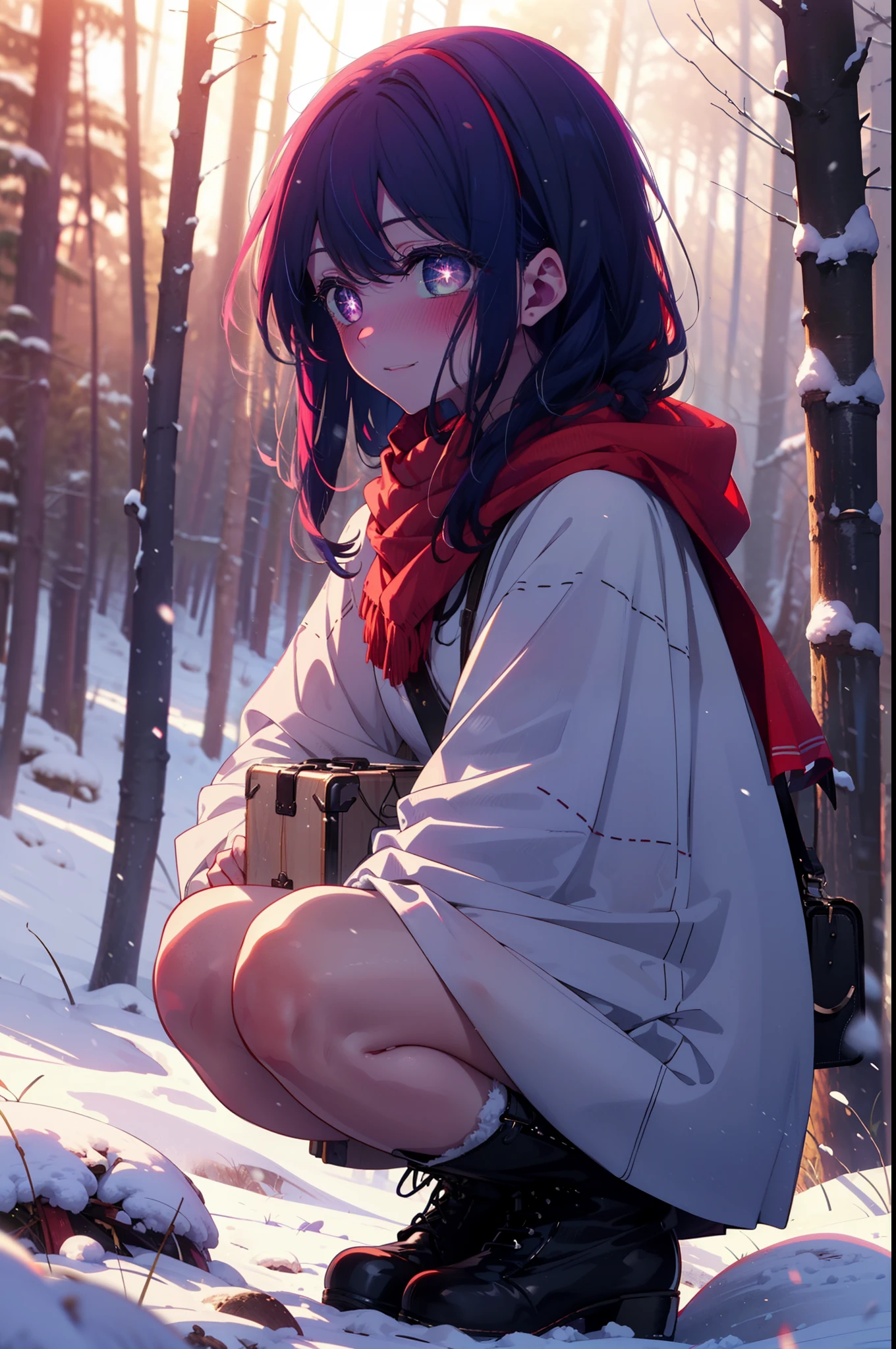 aihoshino, Ai Hoshino, Long Hair, bangs, (Purple eyes:1.1), Purple Hair, (Symbol-shaped pupil:1.5), smile,,smile,blush,white breath,
Open your mouth,snow,Ground bonfire, Outdoor, boots, snowing, From the side, wood, suitcase, Cape, Blurred, , forest, White handbag, nature, Squat, Mouth closed, Cape, winter, Written boundary depth, Black shoes, red Cape break looking at viewer, Upper Body, whole body, break Outdoor, forest, nature, break (masterpiece:1.2), Highest quality, High resolution, unity 8k wallpaper, (shape:0.8), (Beautiful and beautiful eyes:1.6), Highly detailed face, Perfect lighting, Highly detailed CG, (Perfect hands, Perfect Anatomy),
