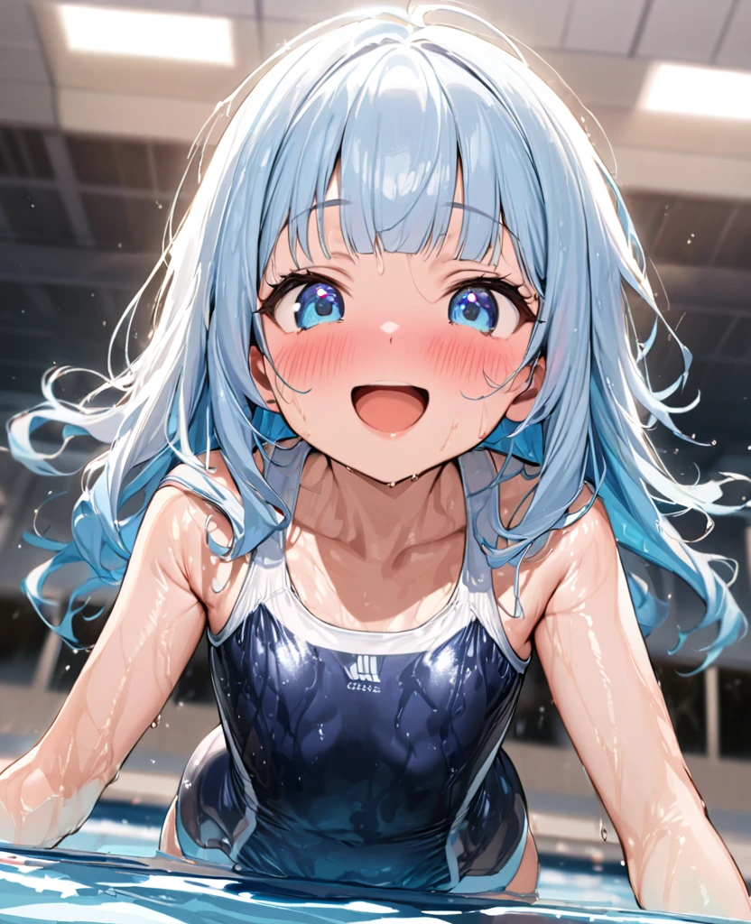 masterpiece, best quality, extremely detailed, (illustration, official art:1.1), 1 girl ,(((( light blue long hair)))), ,(((( light blue long hair)))),light blue hair, , long hair ((blush)) , cute face, big eyes, masterpiece, best quality,(((((a very delicate and beautiful girl))))),Amazing,beautiful detailed eyes,blunt bangs((((little delicate girl)))),tareme(true beautiful:1.2), sense of depth,dynamic angle,,,, affectionate smile, (true beautiful:1.2),,(tiny 1girl model:1.2),)(flat chest), (Swimming Style, ), (Wet Skin, solo:2, , cute girl, lovely blue eyes, cute open mouth, glossy lips, ecstasy smile), in a One piece swimsuit, break, in the School swimming pool, BREAK, perfect anatomy, masterpiece, best quality, 16k, beautiful detailed grow, daydreaming expression.