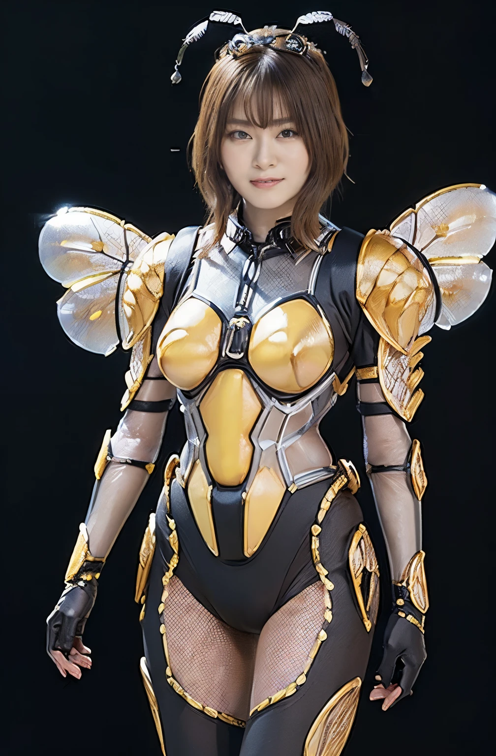 (high resolution,masterpiece,best quality,extremely detailed CG, anime, official art:1.4), realistic, photo, amazing fine details, all intricate, gloss and shiny,awesome many layers, 8k wall paper, 3d, sketch, kawaii, illustration,( solo:1.4), perfect female proportion,villainess, (fusion of queen bee and lady:1.4), (queen bee form lady:1.2), (queen bee lady:1.2), (fusion:1.2), (solo:1.4), (evil smile:1.2), muscular, abs, (queen bee exoskeleton bio insect suit:1.4), (cockroach brown exoskeleton bio insect armor:1.2), (brown transparency queen bee wing:1.4), (brown queen bee antennae:1.3),