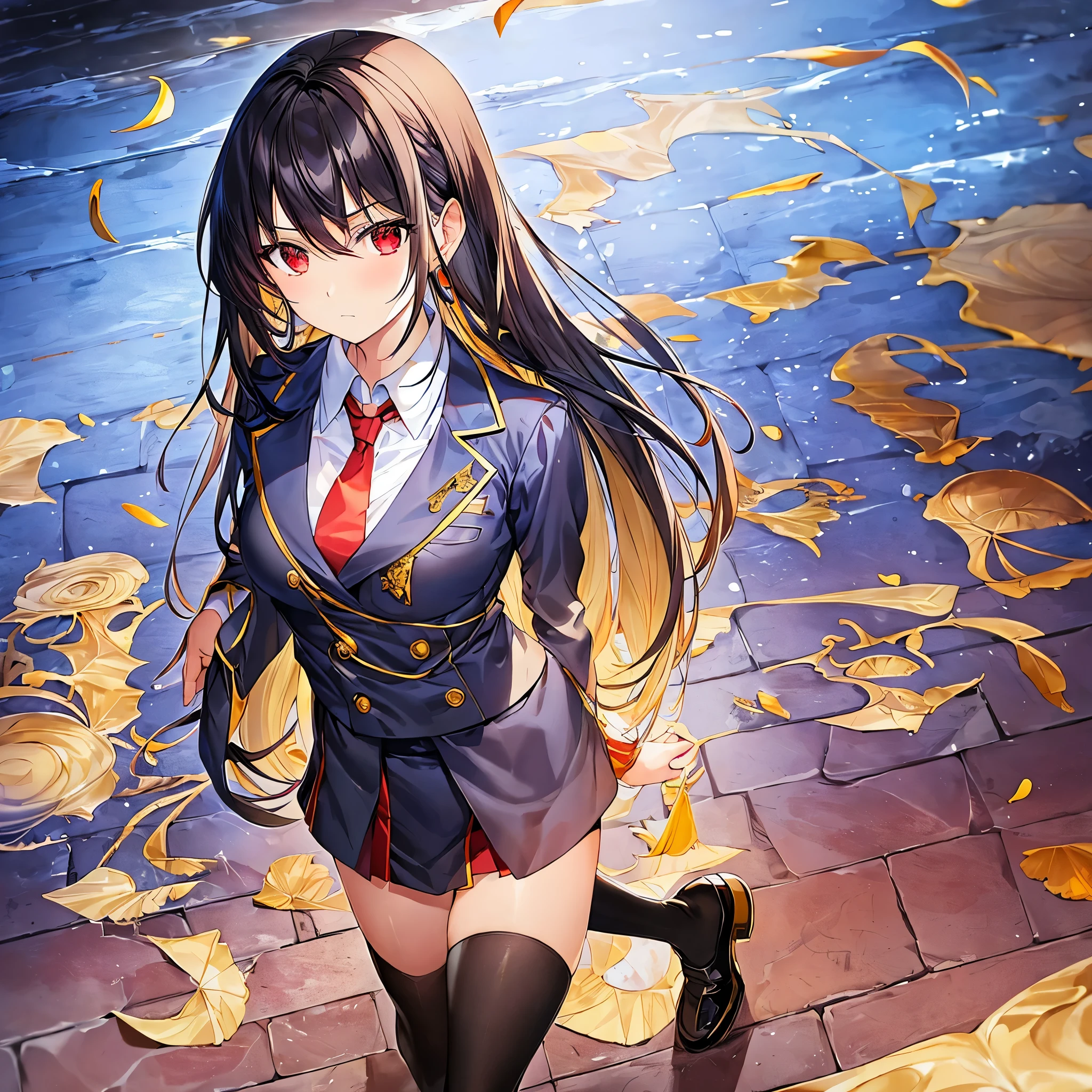 (masterpiece), best quality, 1girl, expressive eyes, neutral expression, black hair, long hair, straight hair, straight bangs, hime cut, red eyed, lean muscular, blue blazer with golden trims, golden tie, white shirt, black miniskirt, white knee socks, black shoes