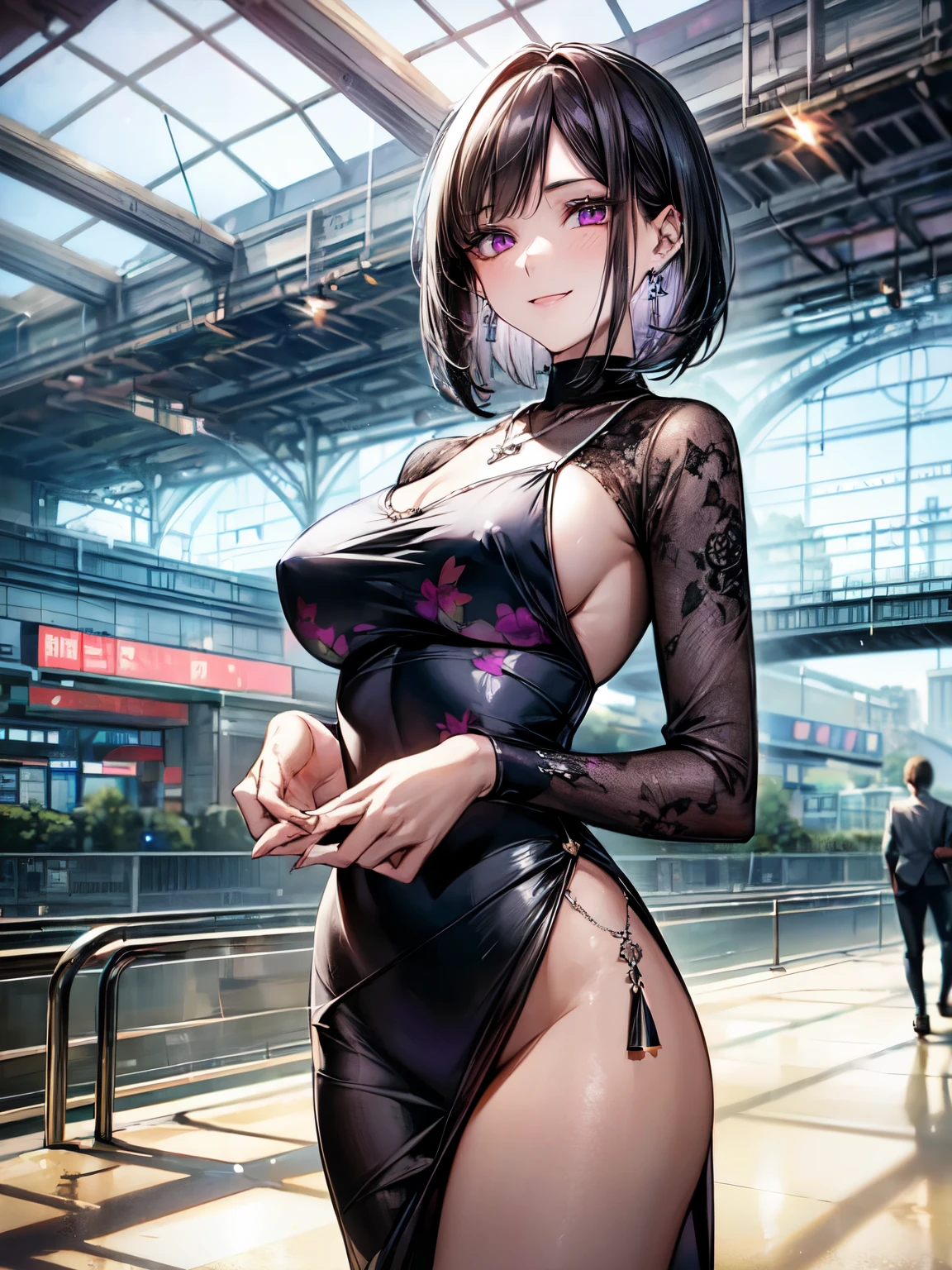 8K, (masterpiece, best quality:1.3), ((bokeh)), (short focus lens:1.4), anime style, Japanese, 1 lady, medium shot, (face light), cinematic lighting, sharp focus, (Left to Right Balance), beautiful eyes, (Perfect Hands,Perfect Fingers,Perfect Limbs,Perfect Body,Correct Human Body,Perfect Image Realism,Perfect Anatomy), (shiny skin, detailed skin),

(black hair1.3), center-parted short bob:1.3, purple eyes, 

long sleeve sheer mini dress,  over size mini dress, black and purple abstract print pattern, Silver chain necklace, piercings, silver bracelet, beautiful lawyer, professional and calm demeanor,

busty, sexy body, random porn pose, standing, 

(lovely smile), 

(beautiful scenery), (modern train station during daytime, spacious concourse, glass and steel architecture, sunlight streaming through large windows, people walking, digital information boards, clean and sleek design), very wide, panorama view, sense of depth, magnificent view, 