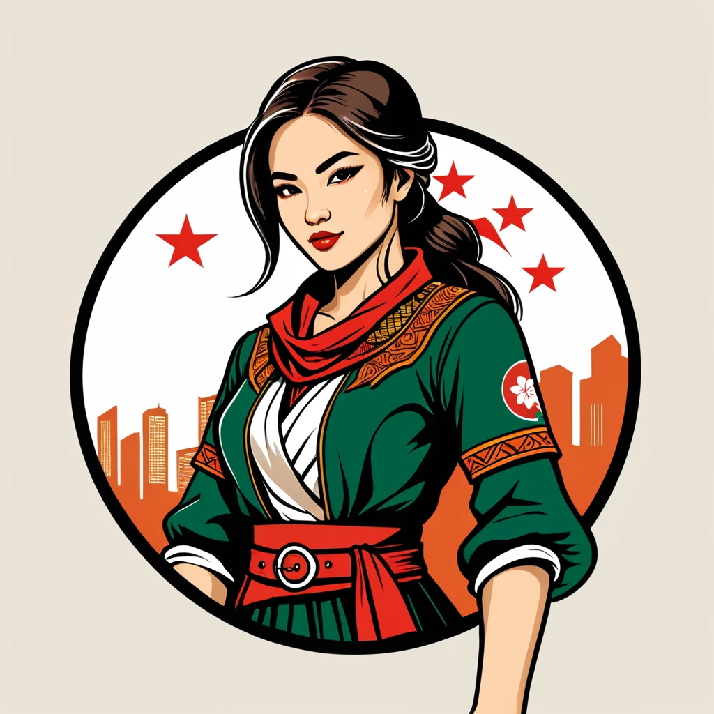 female rogue in singapore folk outfit ,vector graphics, strong contours, logo design