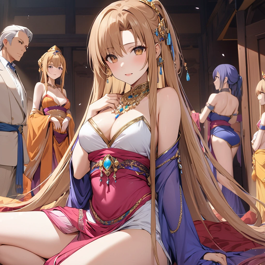 ((Highest quality)), ((masterpiece)), (detailed), (Perfect Face)、The woman is Yuuki Asuna, a concubine of a wealthy man with medium-long light brown hair, a member of his harem, and is beautifully dressed in a captivating harem outfit, lavishly accessorized, and with many accessories.