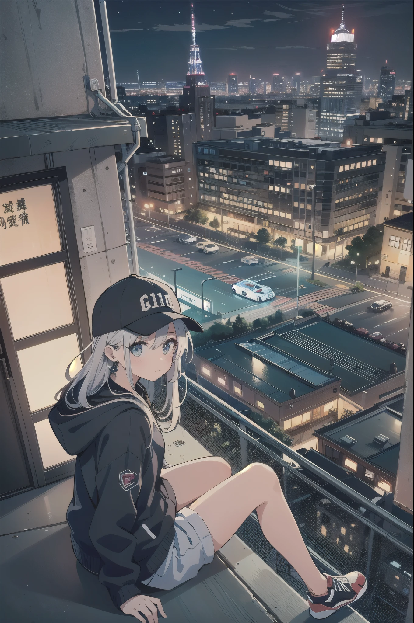 skyscraper, building, city, cityscape, hat, earrings, baseball_cap, 1girl, long_hair, jacket, chain-link_fence, hood, bridge, solo, architecture, shoes, sitting, city_lights, east_asian_architecture, looking_at_viewer, , neonpunkai