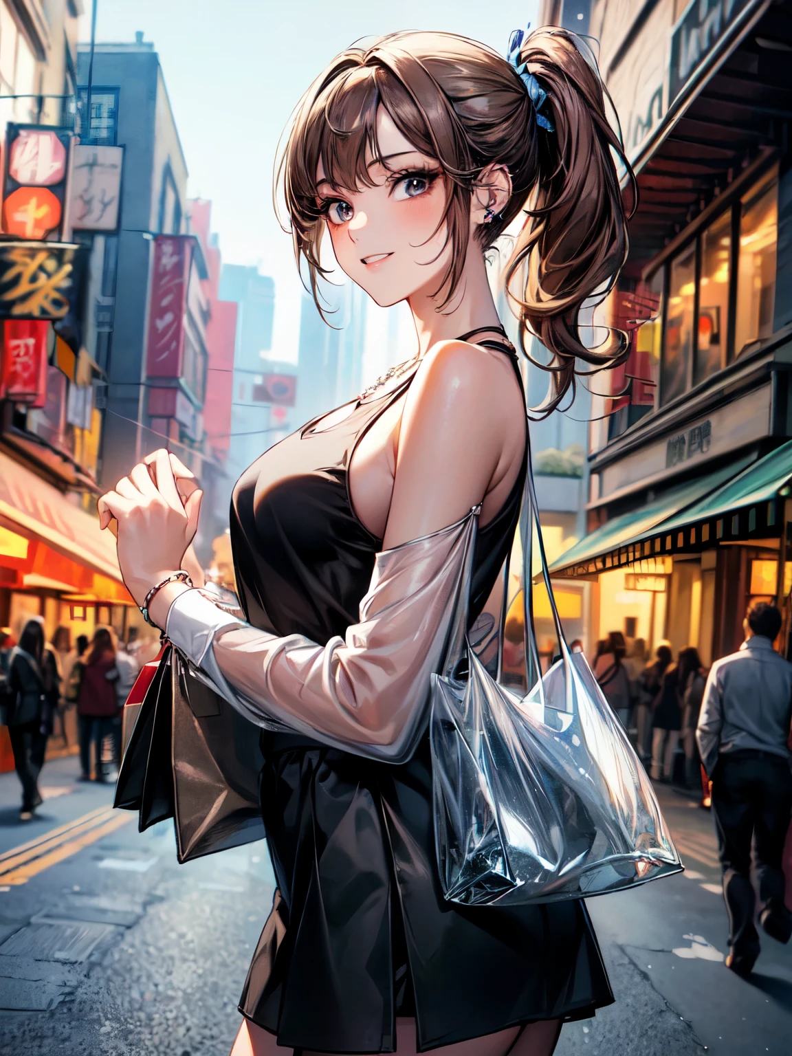 8K, (masterpiece, best quality:1.3), ((bokeh)), (short focus lens:1.4), anime style, Japanese, 1 lady, medium shot, (face light), cinematic lighting, sharp focus, (Left to Right Balance), beautiful eyes, (Perfect Hands,Perfect Fingers,Perfect Limbs,Perfect Body,Correct Human Body,Perfect Image Realism,Perfect Anatomy),
(shiny skin, detailed skin),
(Light ash brown hair:1.3), side ponytail hairstyle:1.3,
wearing trendy outfit, (sheer black long sleeve shirt:1.3), (white cropped tank top underneath:1.3), detailed fabric texture, (layered outfit), (see-through material), contrast of colors, black mini skirt, Silver ring, multiple Piercings, multiple necklaces, silber necklace, thick silver bangle, wearing many bangles, casual pose,
medium chest:1.3, make-up face, glossy lips, (lovely smile), random porn pose, (standing), artist, creative and passionate,
face light, cinematic lighting, sharp focus,
(beautiful scenery), (bustling daytime street, crowded with people, colorful storefronts, outdoor cafes, shoppers carrying bags, bright sunlight, clear blue sky, urban scene), very wide, panorama view, sense of depth, magnificent view,