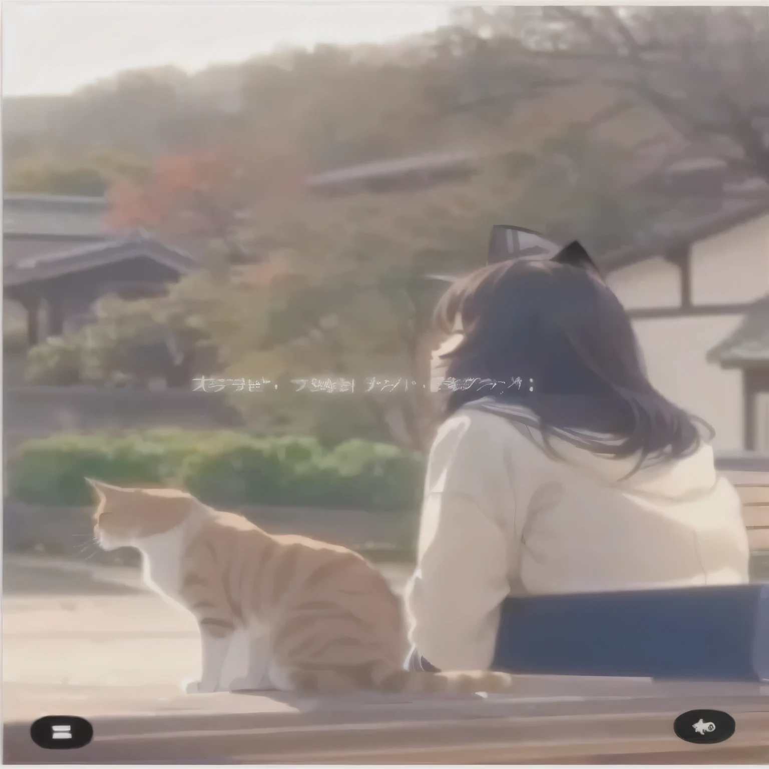 There's a woman sitting on a bench with a cat, praise, Also, cat ears on head, Nothing, rumiko, will do, with cat ears, 🍁 cute, anime cover, catgirl, There is a cat next to her, anime visual of a cute cat, praise girl, praise feel