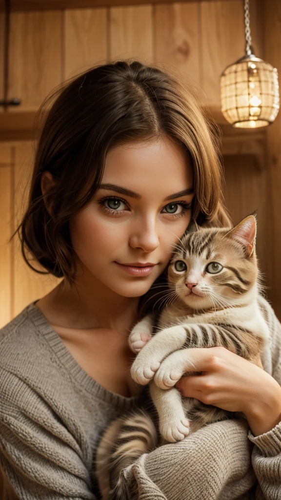 1 cute kitten playing happily in cozy home,beautiful detailed cat eyes, beautiful detailed cat face, mother cat nuzzling kitten lovingly,warm soft lighting, photorealistic, highly detailed, 8k, award winning, masterpiece