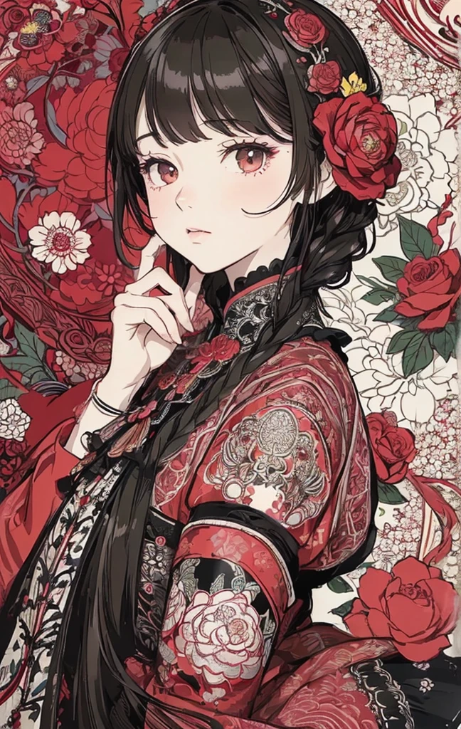 (masterpiece、top-quality、top-quality、Official art、Beautifully Aesthetic:1.2)、(1girl in:1.3)、ighly detailed、(fractal art:1.1)、(Farbe:1.1) (florals:1.3)、(line-drawing)、line-drawing、Pen drawing、zentangle、(Tattoo patterns:1.2)、(complex lines)、(masterpiece)、(top-quality:1.1)、(Ultra-detail)、The best illustrations、finely detail、hand-drawn high quality、highly contrast、(Clean lines:1.3)、ligne claire、(portlate)、(very closeup:1.1)、girly fashion、antique、Red-black、1 girl in、catss、solo、A girl is surrounded by flowers、(intricate-detail:1.3)、(detailedbackground:1.2)、(coloured background:1.1)、Sketched、intricate-detail、hight resolution