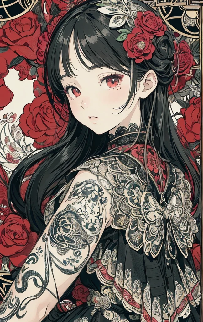 (​masterpiece、top-quality、top-quality、Official art、Beautifully Aesthetic:1.2)、(1girl in:1.3)、ighly detailed、(fractal art:1.1)、（Farbe:1.1) (florals:1.3)、(line-drawing)、line-drawing、Pen drawing、zentangle、(Tattoo patterns:1.2)、(complex lines)、(​masterpiece)、(top-quality:1.1)、(Ultra-detail)、The best illustrations、finely detail、hand-drawn high quality、highly contrast、(Clean lines:1.3)、ligne claire、(portlate)、(very closeup:1.1)、girly fashion、antique、Red-black、1 girl in、catss、solo、A girl is surrounded by flowers、(intricate-detail:1.3)、(detailedbackground:1.2)、(coloured background:1.1)、Sketched、intricate-detail、hight resolution
