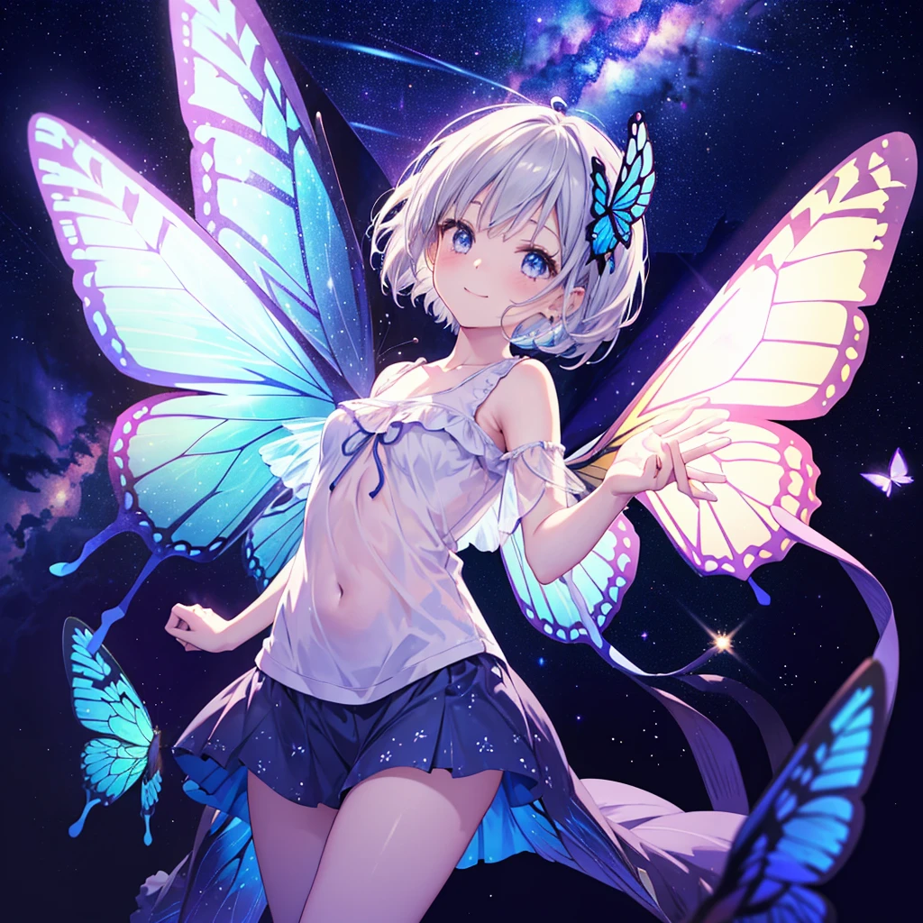 One girl((Fairy,Butterfly Wings Happiness)) background((Milky Way,Lots of hearts))smile ,Gray Hair,Short bob blue eyes,Super Shining,camisole,Long Hem Super Pop Anime,Anime The Wind Blows,Jagged front,Raise your arms,Floating Shining,background