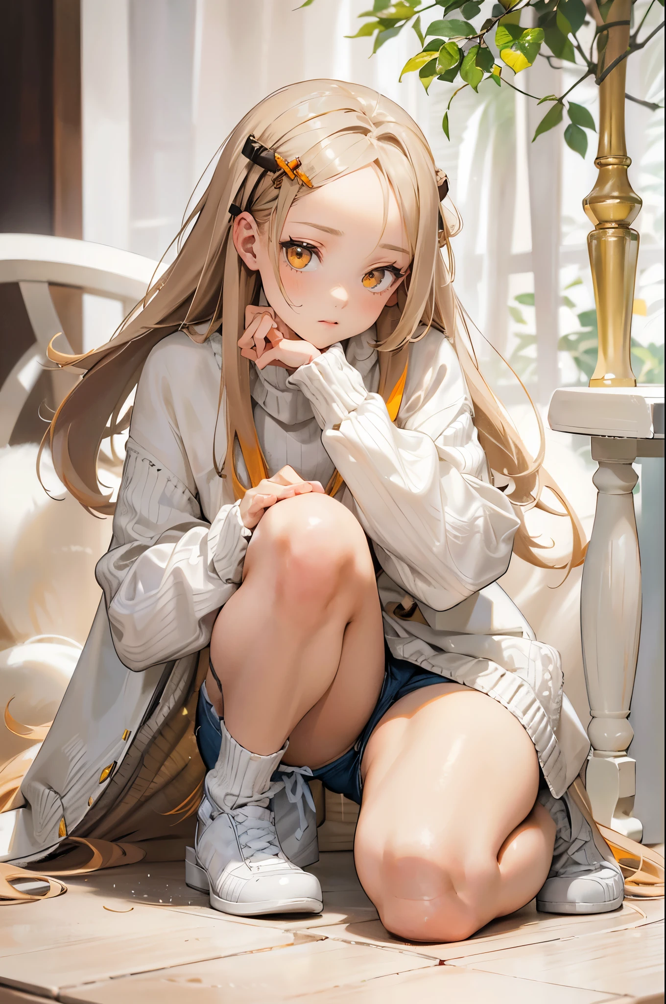 masterpiece, ultra detailed, 8k portrait, RAW photo, portrait photography, Highly detailed face, beautiful and meticulous eyes, (amber color eyes:1.5), , standing by the theme park, (white short shirt) and (LowriseXL blue shorts), navel, (put on knee length long white knit thin coat:1.5), cute girl, long hair, (cream color long hair:1.5), show forehead, side parted hair, hairpin, young girl, 1girl, cute girl, pretty girl, portrait of cute girl, slim:1.5, flat chest:1.5,