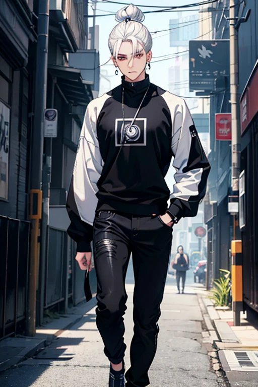 Anime man gradient young white hair low on shaved sides turns hair bun to the left side in the middle serious face with black earrings black sweatshirt Speed jeans futuristic clothes black dark circles under his eyes big black hair big brown hair extremely futuristic clothes futuristic clothes futuristic sweatshirt black skinny jeans male