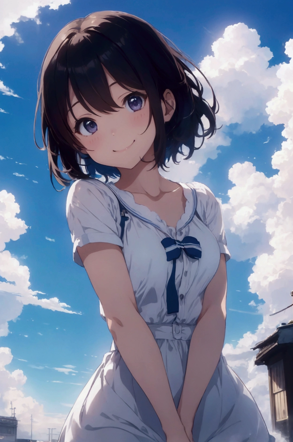 A refreshing woman、Shortcuts、smile、masterpiece, Highest quality, Movie stills, bright, Anime Style, Happy, shine、Age: 23、happiness、null、cloud、Warm and soft lighting,