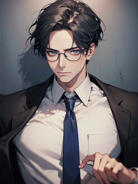 masterpiece, best quality, 1male mature,  32 years, gray black hair, blue eyes, glasses, CEO, white shirt, mugshot, wall background, detailed eyes, detailed facial features, realistic and high resolution (best quality, 4k, 8k, highres, masterpiece:1.2)