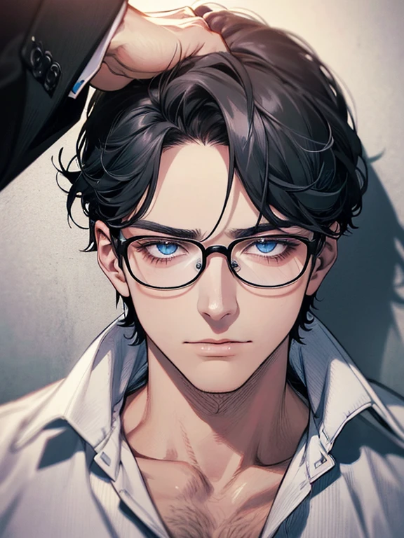 masterpiece, best quality, 1male mature, 32 years, gray black hair, blue eyes, glasses, CEO, white shirt, mugshot, wall background, detailed eyes, detailed facial features, realistic and high resolution (best quality, 4k, 8k, highres, masterpiece:1.2)