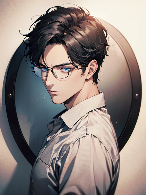 masterpiece, best quality, 1male mature, 32 years, gray black hair, blue eyes, glasses, CEO, white shirt, mugshot, wall background, detailed eyes, detailed facial features, realistic and high resolution (best quality, 4k, 8k, highres, masterpiece:1.2)