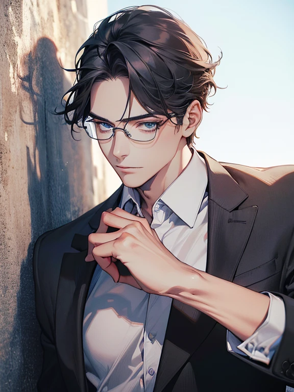 masterpiece, best quality, 1male mature,  32 years, gray black hair, blue eyes, glasses, CEO, white shirt, mugshot, wall background, detailed eyes, detailed facial features, realistic and high resolution (best quality, 4k, 8k, highres, masterpiece:1.2)