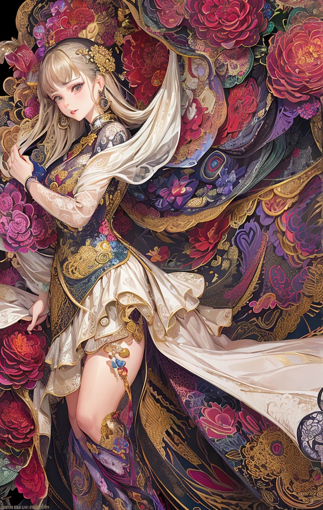(masterpiece、top-quality、top-quality、Official Art、Beautifully Aesthetic:1.2)、(One Girl:1.3)、A highly detailed、(fractal art:1.1)、(dark color:1.1)(florals:1.3)、The most detailed、(zentangle:1.2)、(Dynamic poses)、(abstract backgrounds:1.3)、(qipao dress:1.2)、(shinny skin)、(many colors:1.4)、、(earrings:1.4)、