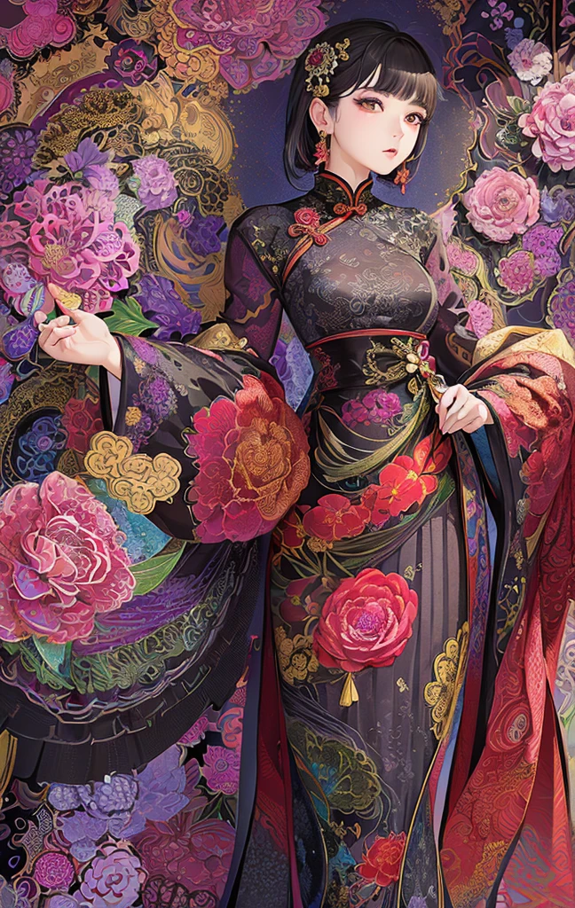 (masterpiece、top-quality、top-quality、Official Art、Beautifully Aesthetic:1.2)、(One Girl:1.3)、A highly detailed、(fractal art:1.1)、(dark color:1.1)(florals:1.3)、The most detailed、(zentangle:1.2)、(Dynamic poses)、(abstract backgrounds:1.3)、(qipao dress:1.2)、(shinny skin)、(many colors:1.4)、、(earrings:1.4)、