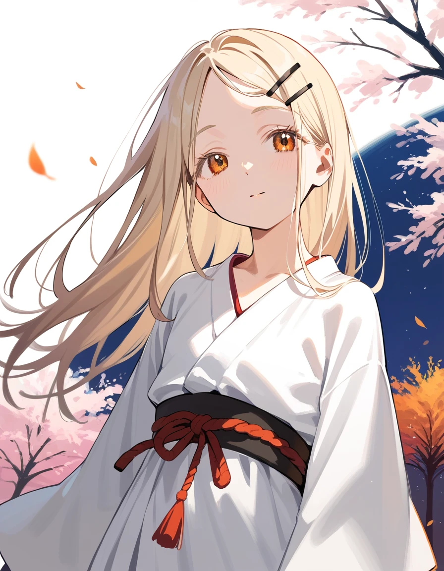 1girl,shinosawa hiro,slender,orange eyes,blonde hair,long hair,hairclip,white background,flat chest BREAK kimono,firework,night,