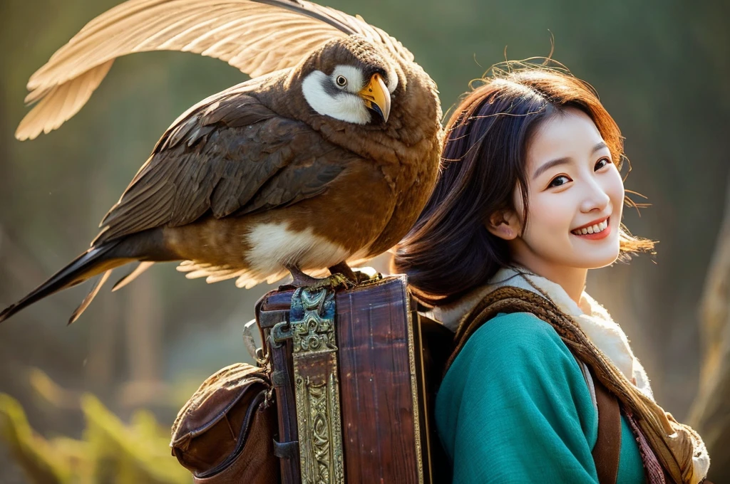 Highest quality masterpiece A very beautiful woman smiles while carrying an omnivorous bird on her shoulder Photo style Real Fantasy Dramatic Production