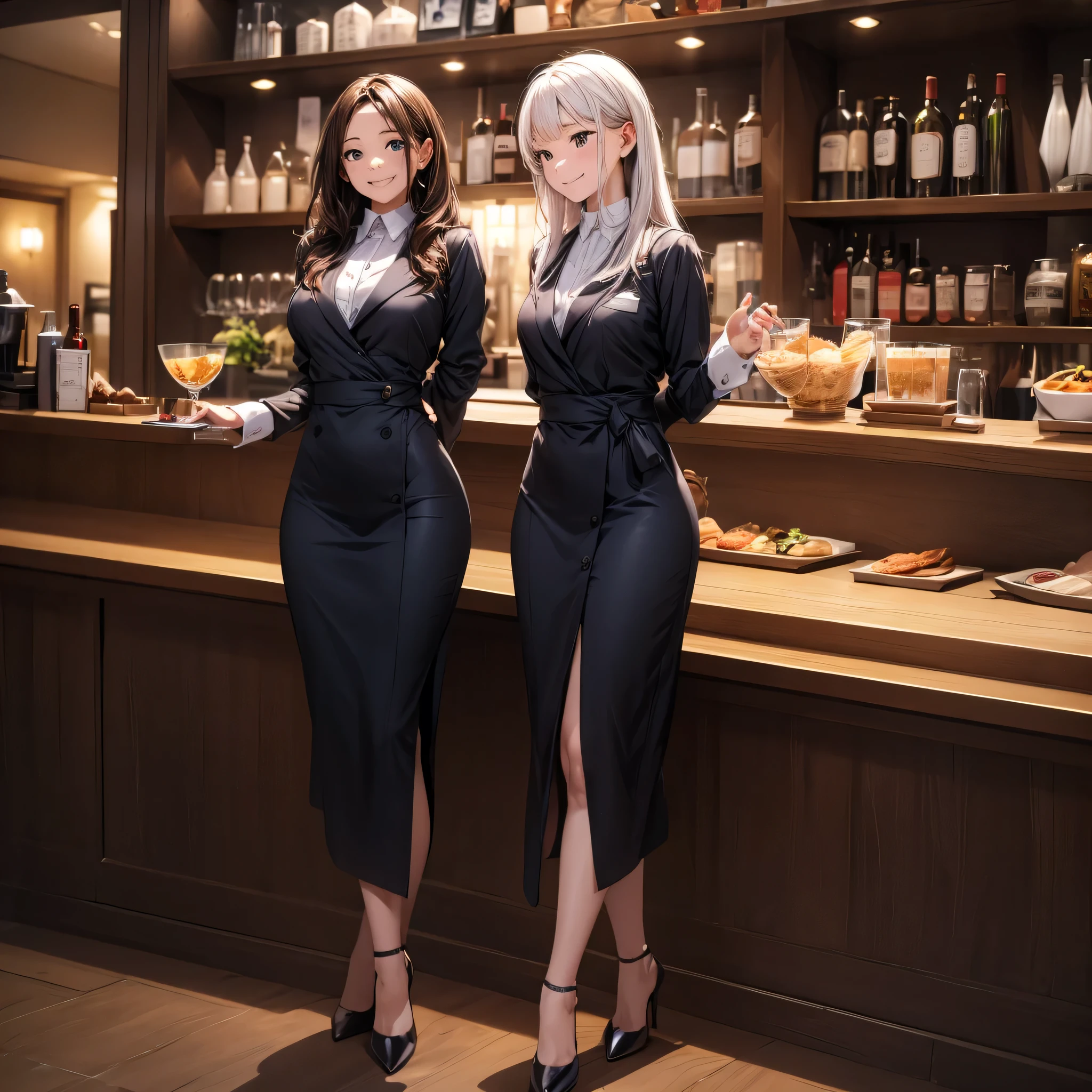 (masterpiece:1.3),(best quality, highest quality),((Full Body Shot,Including face)),2girls,4K,masterpiece,((Focus on the face)),((Symmetrical facial features)),Beautiful woman,(Slender),((High heels)),Detailed depiction of the face, Cafe clerk ,In front of the bar counter,profile,Slenderな女性,Cafe uniform,Age 25,smile