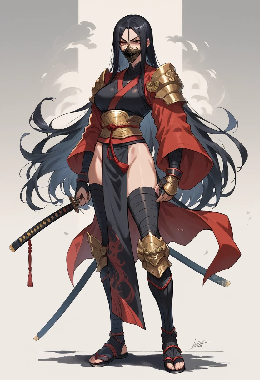 A female dark samurai, black demon mask, black and gold armor, black and red katana, long black hair, sexy girl, evil, full body view. No background. Masterpiece, UHD, detailed face