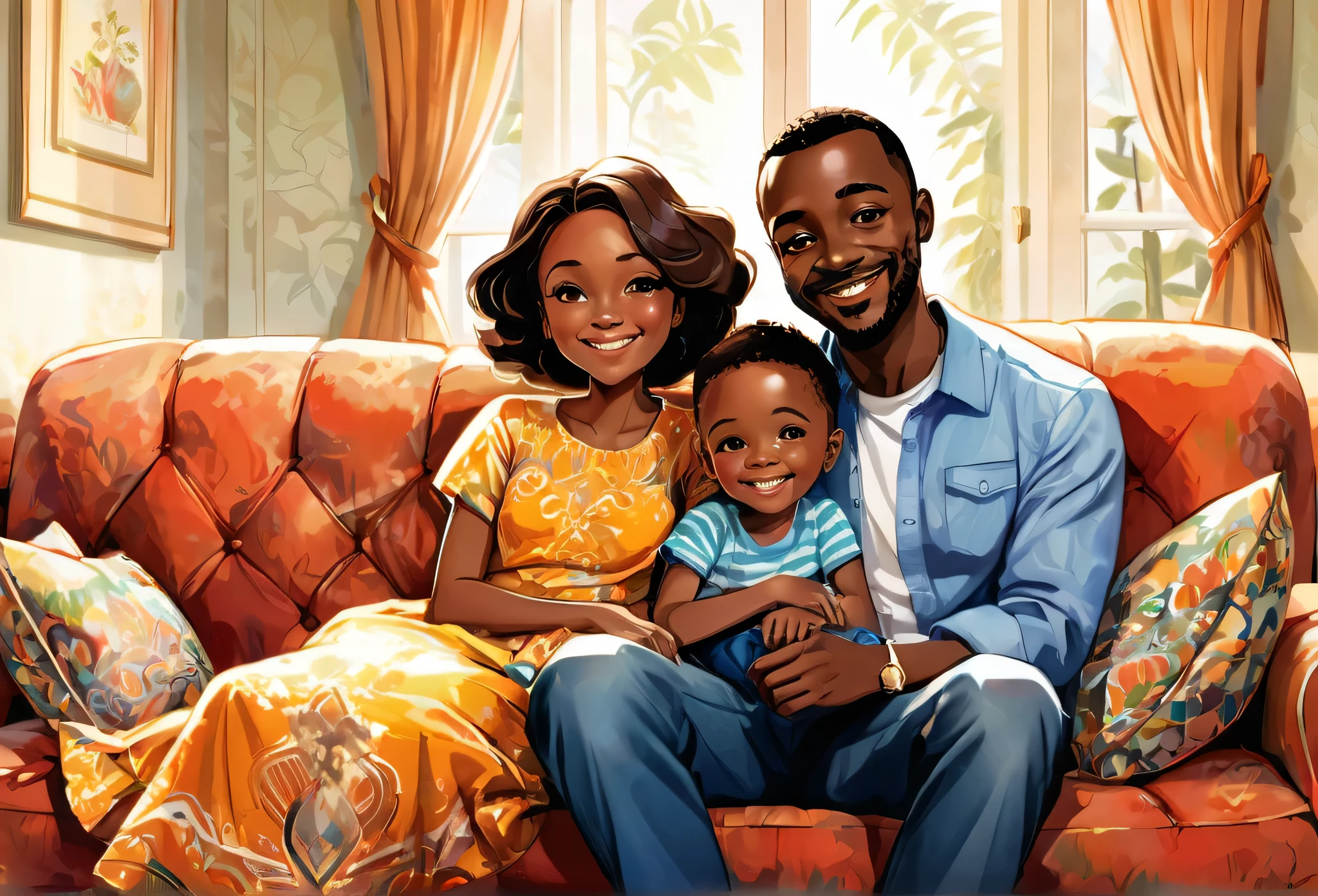 A family of 3, father, mother, a six years old boy sitting in the middle,  on a couch together, smiling, family, casual dress,  Indoor. 
African (masterpiece best quality:1.2) delicate illustration ultra-detailed, illustrations, bright, colourful, 