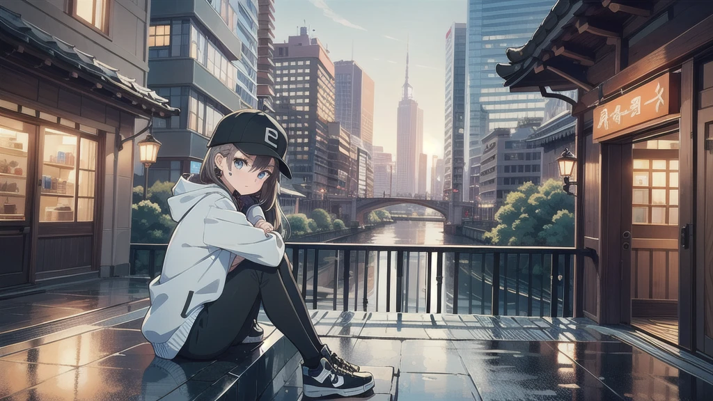 skyscraper, building, city, cityscape, hat, earrings, baseball_cap, 1girl, long_hair, jacket, chain-link_fence, hood, bridge, solo, architecture, shoes, sitting, city_lights, east_asian_architecture, looking_at_viewer, , neonpunkai